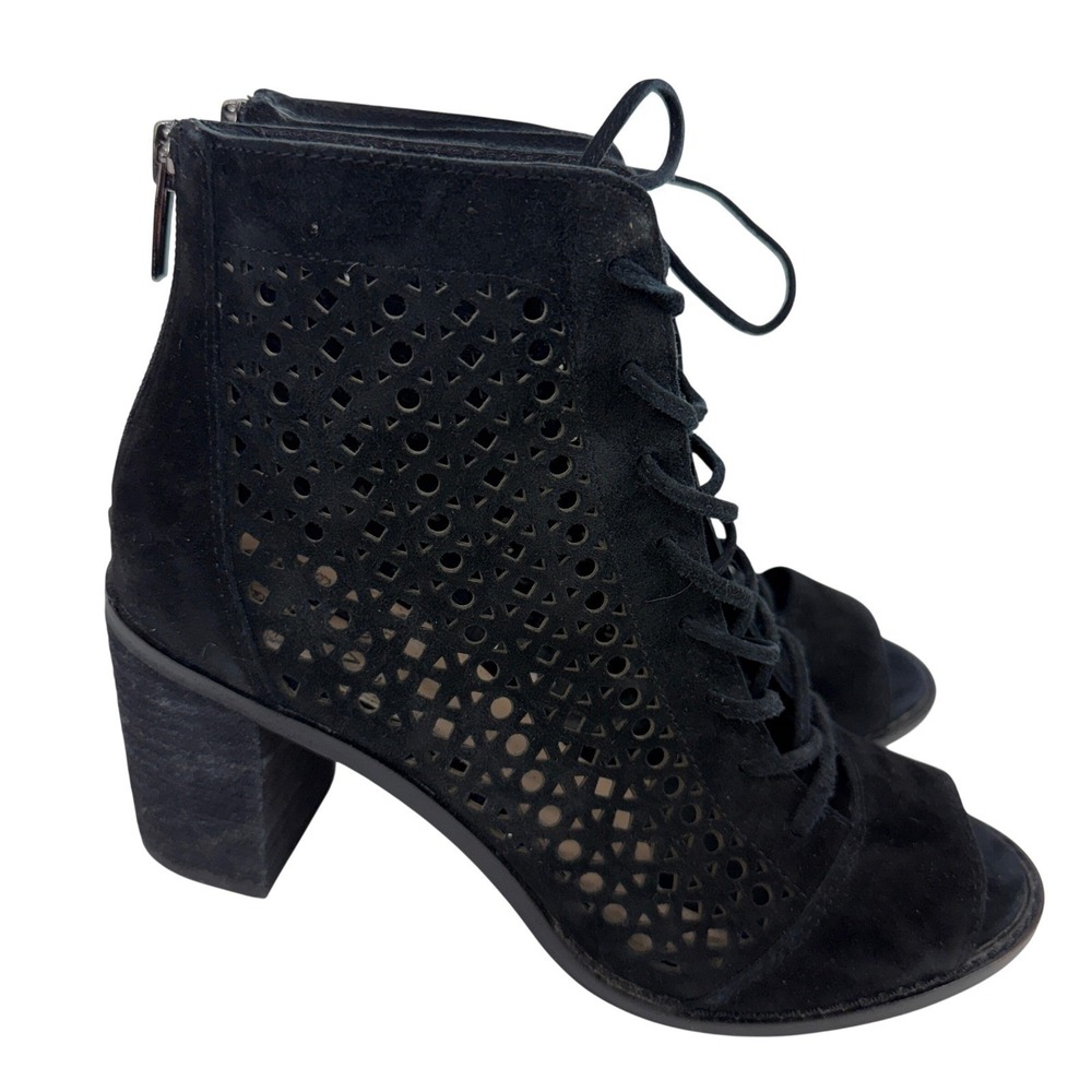 Vince Camuto Black Suede Laser Cut Peep Toe Lace Up Block Heel Booties 7.5 M